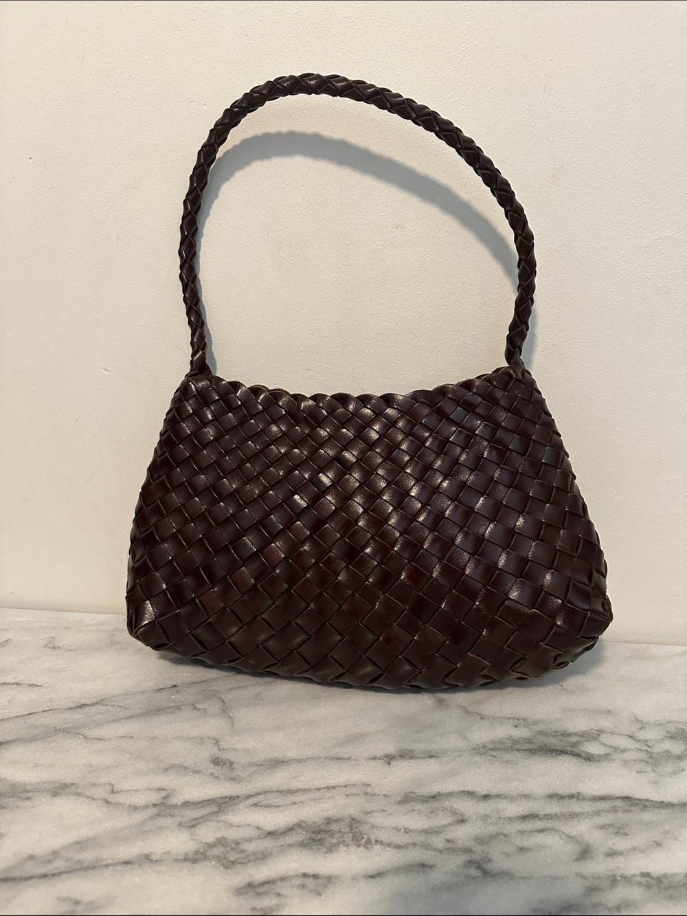 Faye Creations Emma Woven Full-Grain Leather Shoulder Bag - Dark Brown